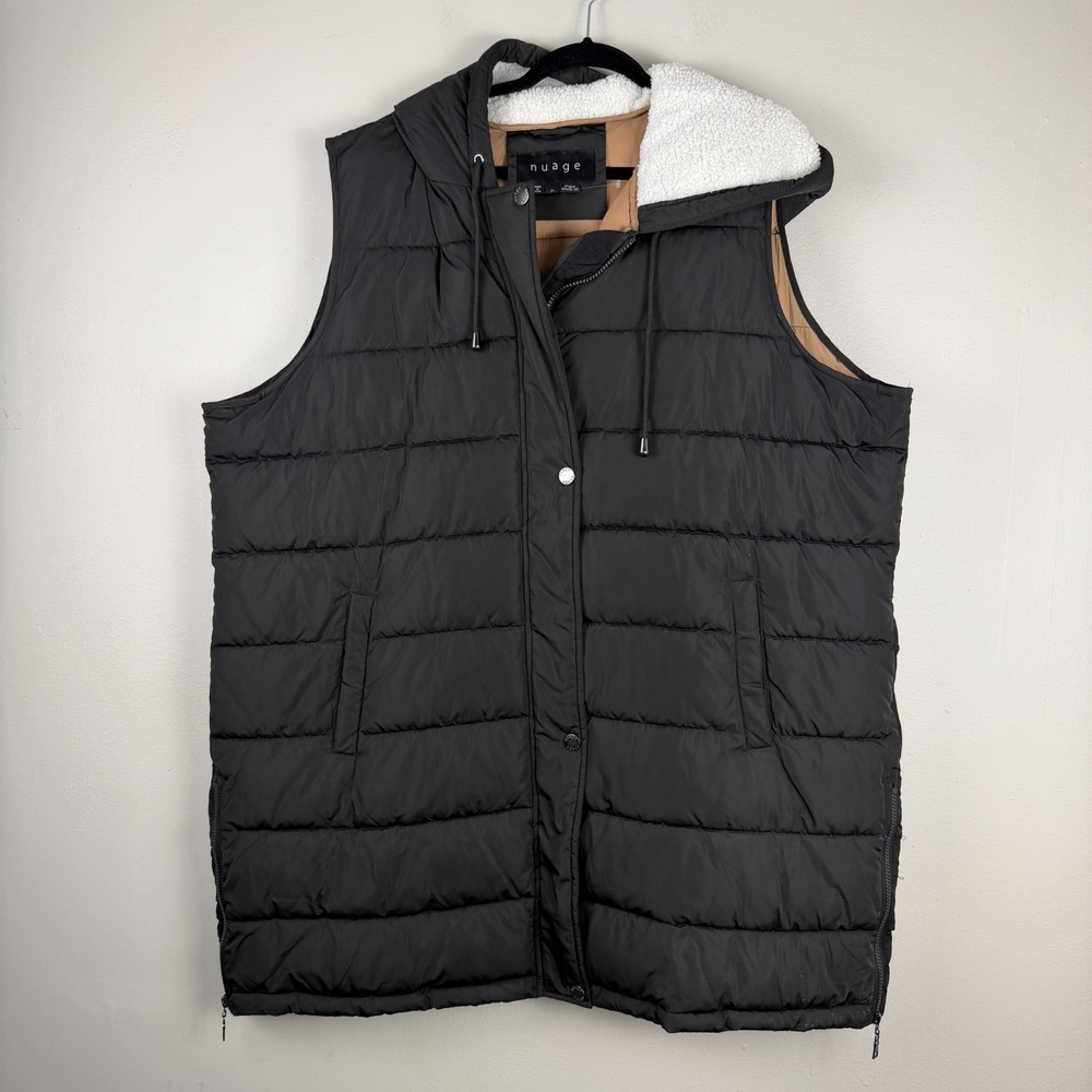 Nuage Puffer Vest Women's 2X Black Sleeveless Quilted Hooded Snap Front Casual